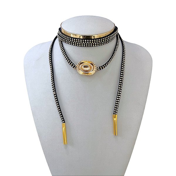 Choker Couro Bijuteria Dourado Country Chapéu