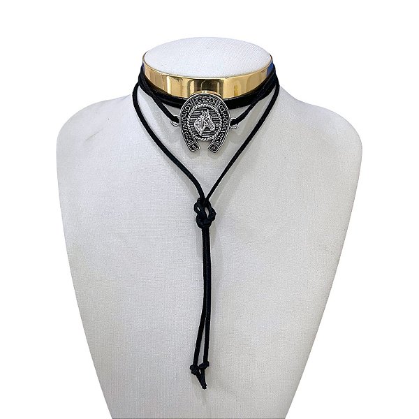 Choker Couro Bijuteria Prata Country Ferradura Cavalo