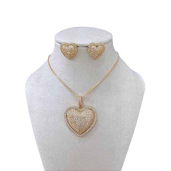 Conjunto Folheado Ouro 18K e Prata 925 Coração Cravejado