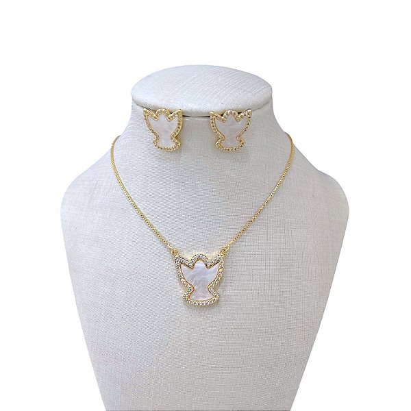 Conjunto Folheado Ouro 18K e Prata 925 Espírito Santo Madrepérola Cravejado