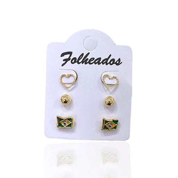 Trio Brincos Folheado Ouro 18k e Prata 925 Bandeira do Brasil