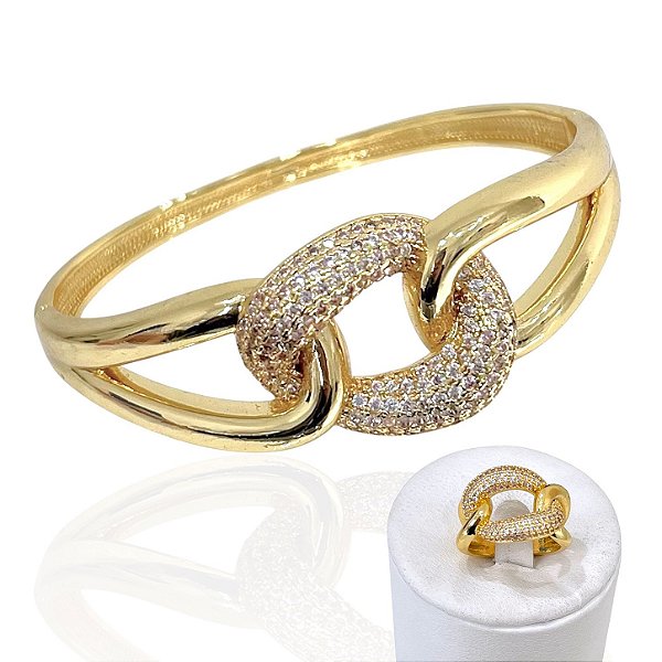Conjunto Anel e Bracelete Folheado Ouro 18k e Prata 925 Elos Cravejado