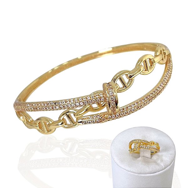 Conjunto Anel e Bracelete Folheado Ouro 18k e Prata 925 Prego Elos Cravejados