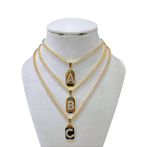 Colar Folheado Ouro 18k e Prata 925 Letra Inicial Cravejada Riviera