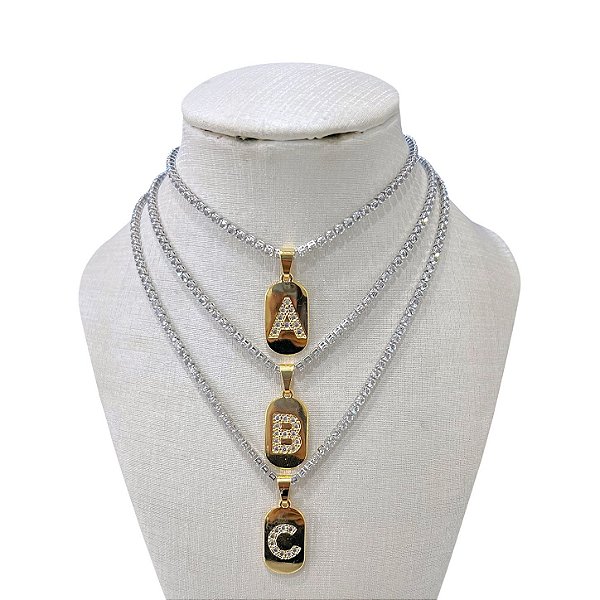 Colar Folheada Ouro 18k Letra Inicial Cravejada Riviera Dois Banhos