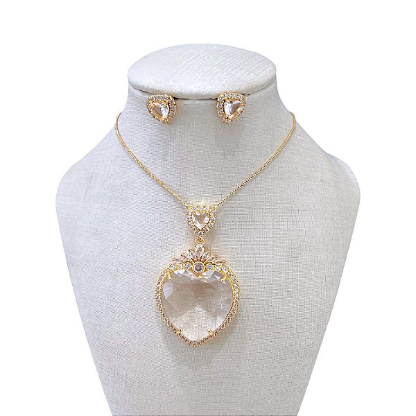 Conjunto Folheado Ouro 18k e Prata 925 Coração Cristal Cravejado