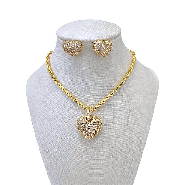 Conjunto Folheado Ouro 18k e Prata 925 Correntaria Coração Cravejado