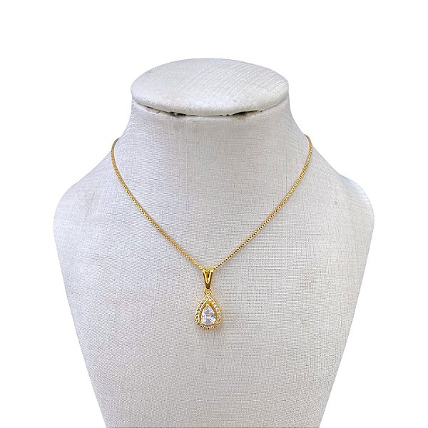 Colar Folheado Ouro 18k Ponto de luz Gota Cravejada