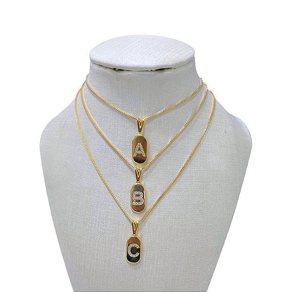 Colar Folheada Ouro 18k e Prata 925 Letra Inicial Plaquinha Oval Cravejada