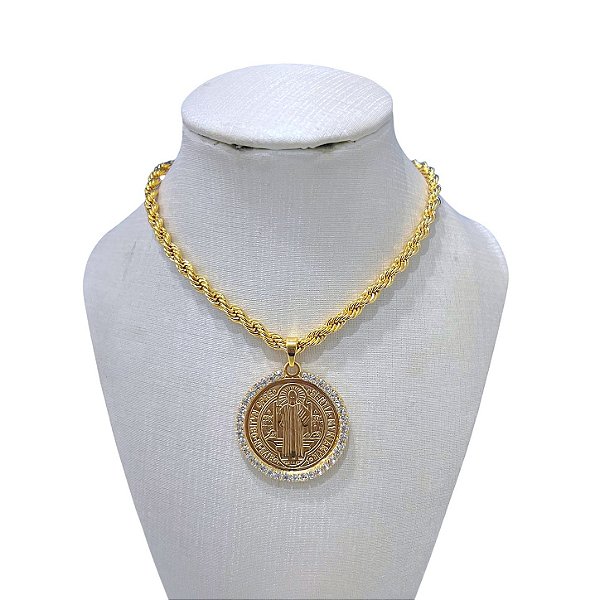 Colar Folheado Ouro 18k Cordão Baiano São Bento Strass