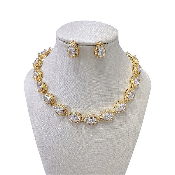 Conjunto Folheado Ouro 18k e Prata 925 Inspired Gota Cravejada