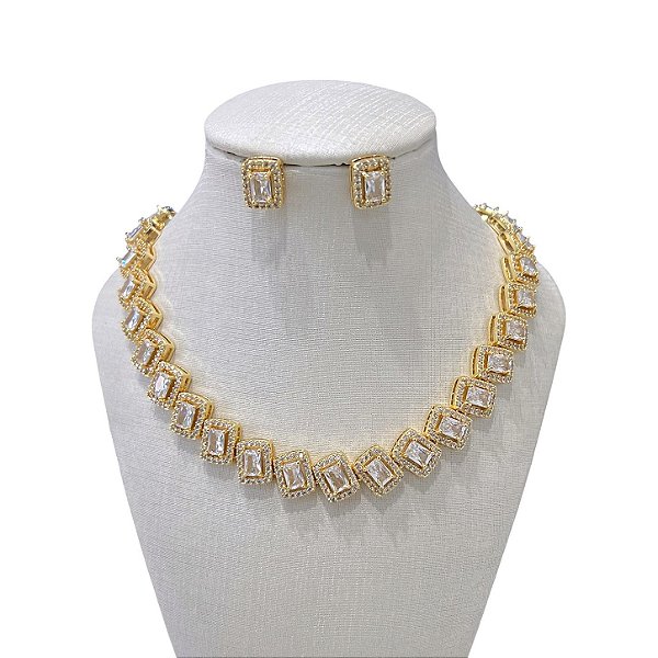Conjunto Folheado Ouro 18k e Prata 925 Quadrado Cravejado