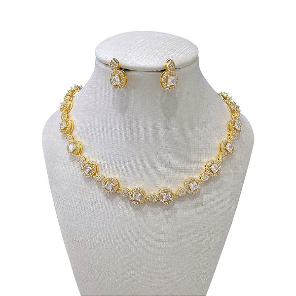 Conjunto Folheado Ouro 18k e Prata 925 Inspired Redondo Cravejado