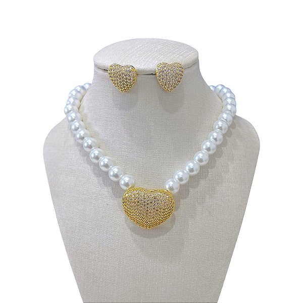 Conjunto Folheado Ouro 18k e Prata 925 Pérola Coração Cravejado