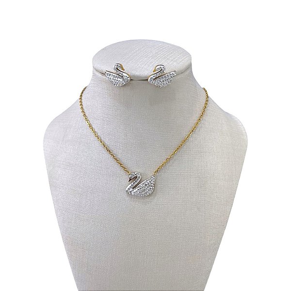 Conjunto Aço Inoxidável Dourado e Prata Inspiração Cisne Strass