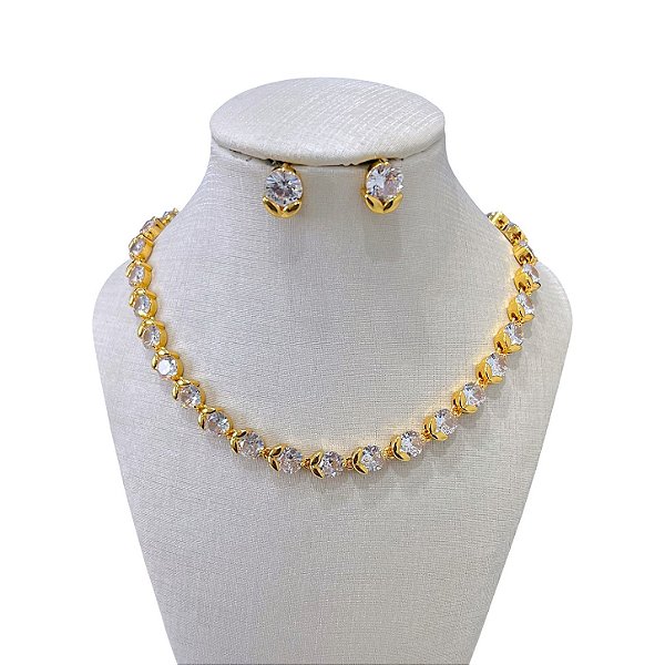 Conjunto Folheado Ouro 18k e Prata 925 Inspired Flor Pedraria