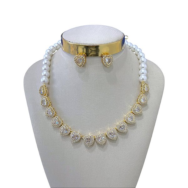 Conjunto Folheado Ouro 18k e Prata 925 Pérola Coração Cravejado