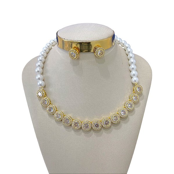 Conjunto Folheado Ouro 18k e Prata 925 Pérola Redonda Cravejada