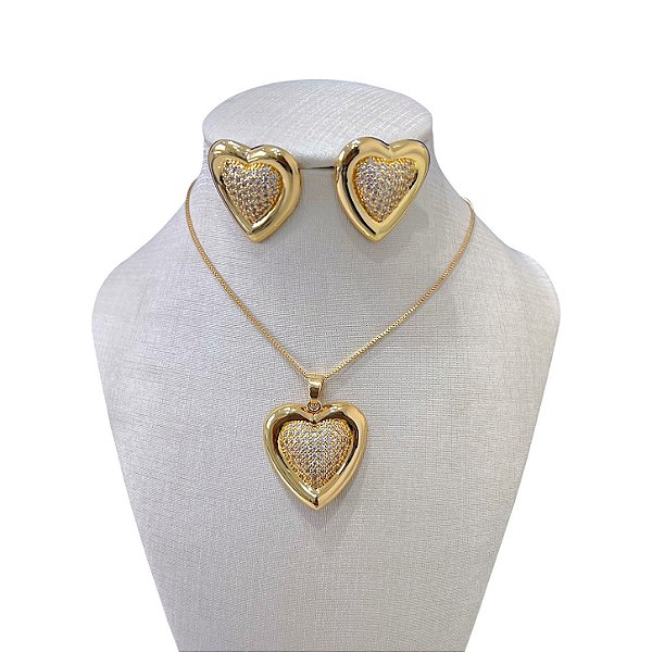 Conjunto Folheado Ouro 18k e Prata 925 Coração Abaolado Cravejado