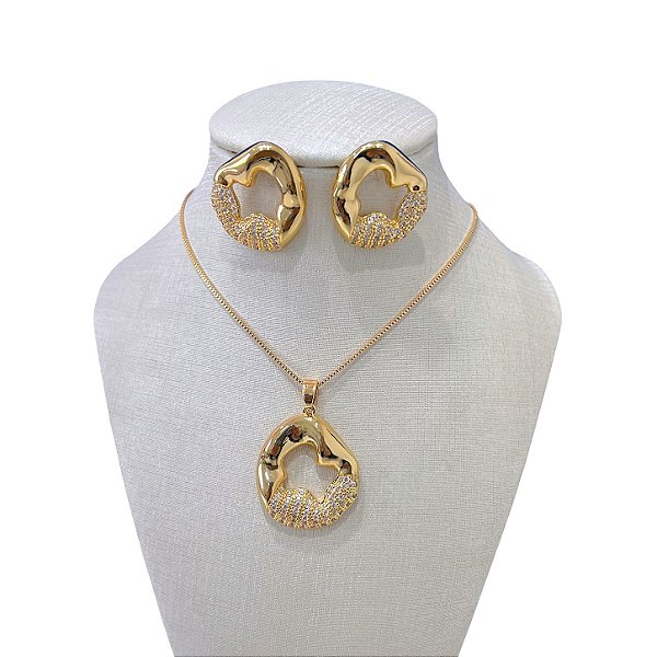 Conjunto Folheado Ouro 18k e Prata 925 Orgânico Vazado Cravejado