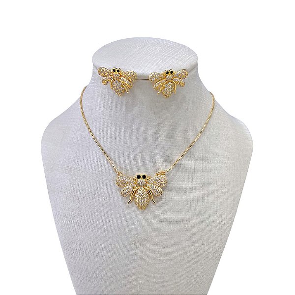 Conjunto Folheado Ouro 18k e Prata 925 Vespa Cravejada