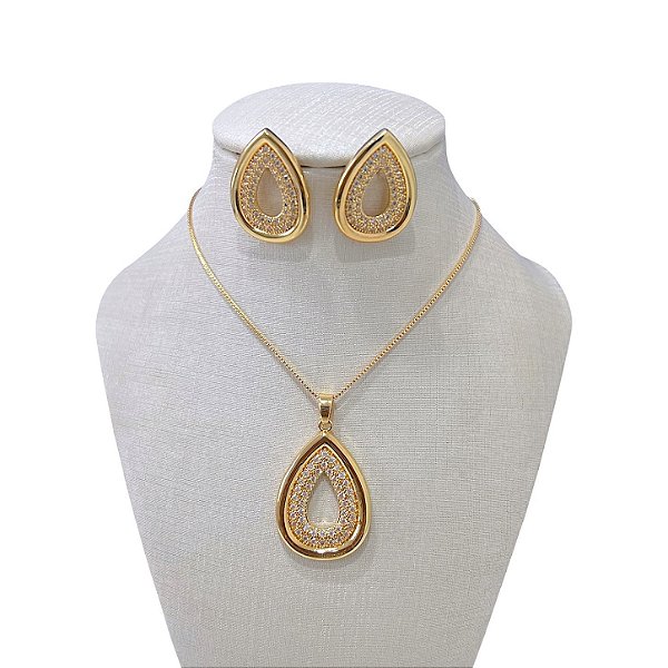 Conjunto Folheado Ouro 18k e Prata 925 Gota vazada Cravejada