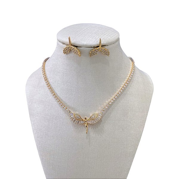 Conjunto Folheado Ouro 18k e Prata 925 Riviera Anjo Cravejado