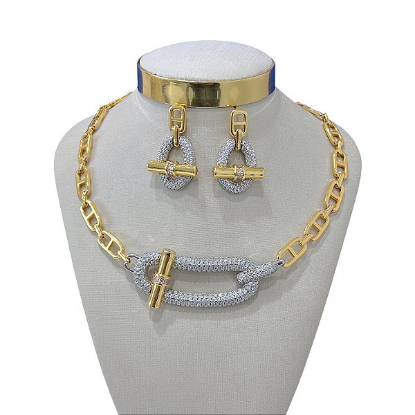 Conjunto Folheado Dois Banhos Inspired Trava Cravejado