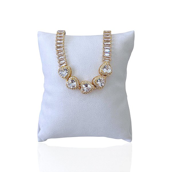 Pulseira Folheada Ouro 18k e Prata 925 Riviera Corações Cravejado