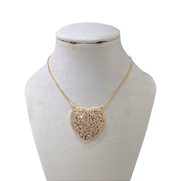Colar Folheado Ouro 18k e Prata 925 Coração Cravejado