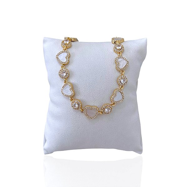 Pulseira Folheada Ouro 18k e Prata 925 Inspired Corações Madrepérola Cravejado