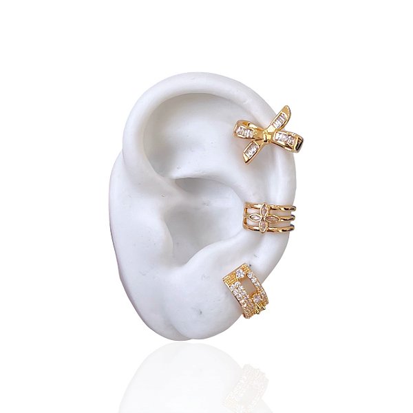 Kit 3 Piercing Fake Folheado Ouro 18k e Prata 925 Laço Cravejado