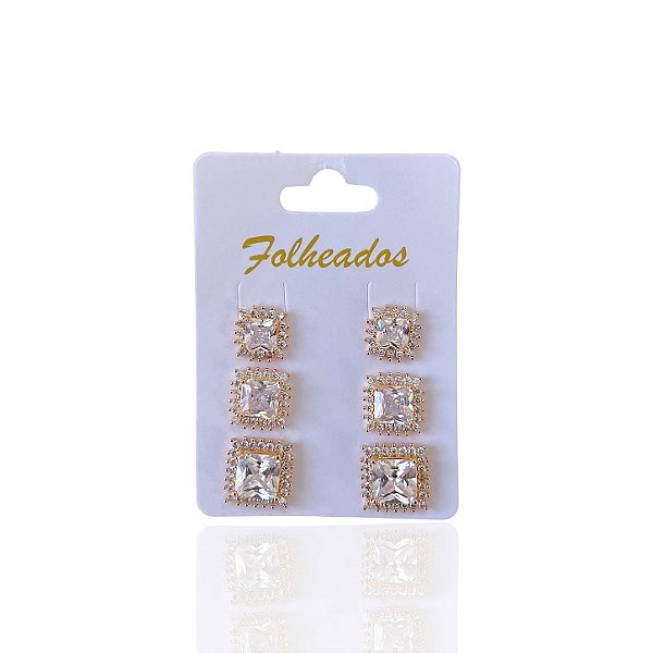 Trio Brincos Folheado Ouro 18k e Prata 925 Quadrado Cravejado
