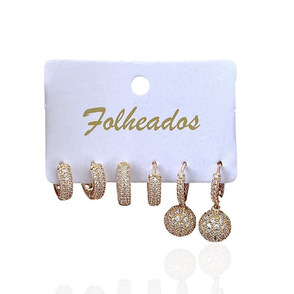 Trio Brincos Folheado Ouro 18k e Prata 925 Argolas Redondo Cravejado