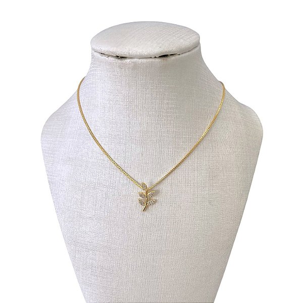 Colar Folheado Ouro 18k Ramo De Folhas Cravejada