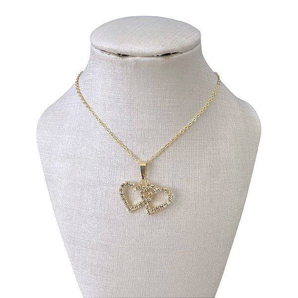 Colar Folheado Ouro 18k Dois Corações Strass