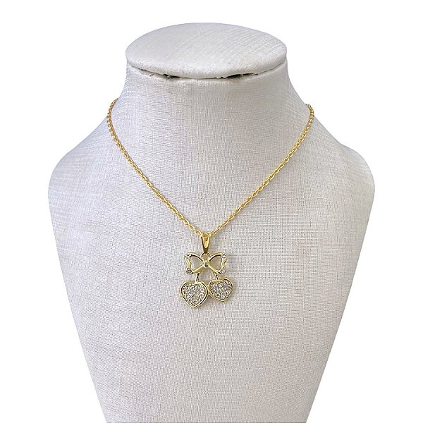 Colar Folheado Ouro 18k Cereja Strass