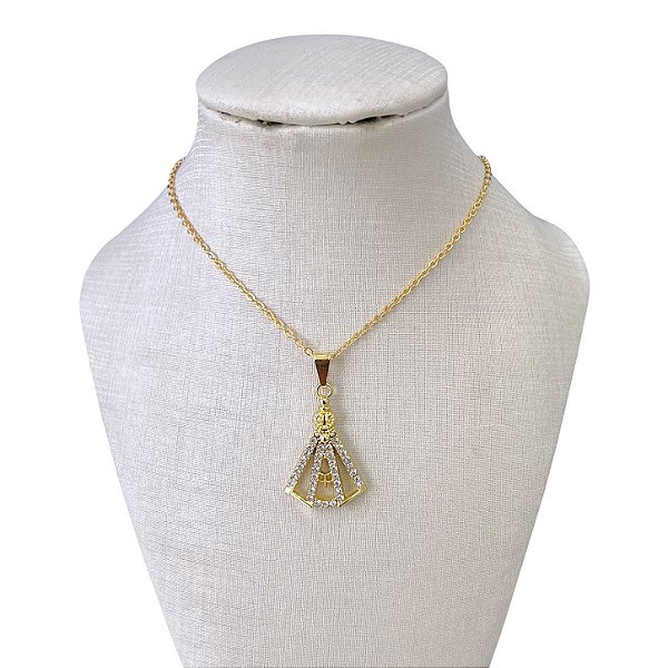 Colar Folheado Ouro 18k Nossa Senhora Vazada Strass