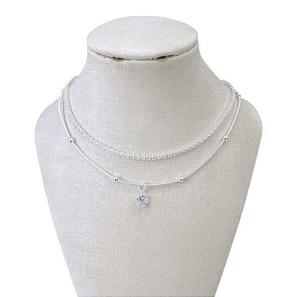Choker Dupla Folheada Prata 925 Riviera Bolinhas Coração