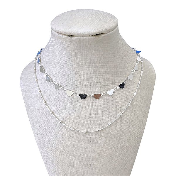 Choker Dupla Folheada Prata 925 Corações Bolinhas