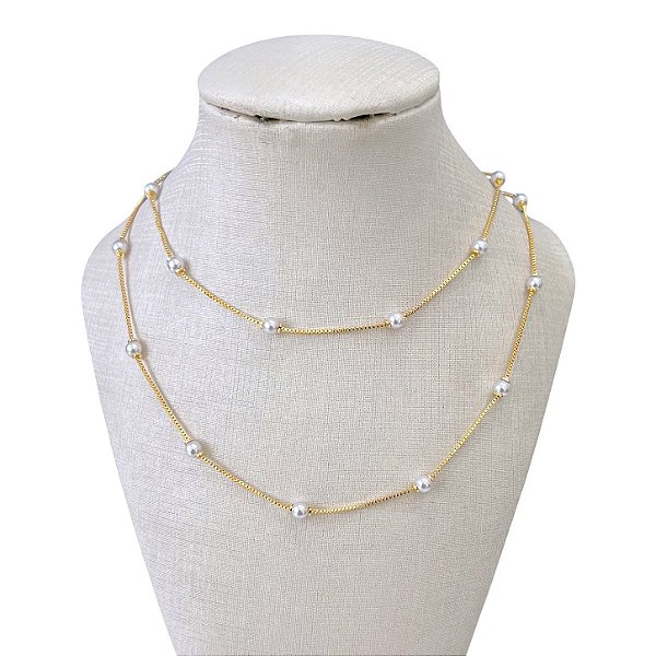 Colar Duplo Folheado Ouro 18k Mini Bolinhas Pérolas