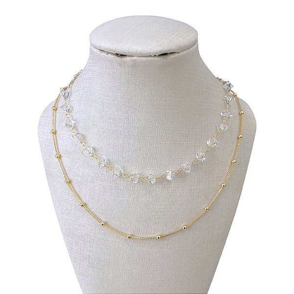 Colar Duplo Folheado Ouro 18k Cristais Bolinhas