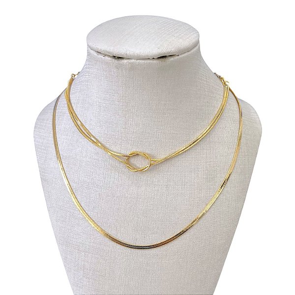 Colar Duplo Folheado Ouro 18k Fita Laminada Nó