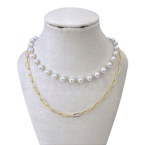 Colar Duplo Folheado Ouro 18k Bolinhas Pérolas Elos