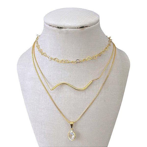 Colar Triplo Folheado Ouro 18k e Prata 925 Elos Corações Ondulado Ponto de Luz