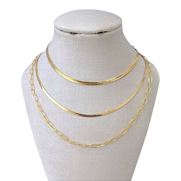 Colar Triplo Folheado Ouro 18k Fita Laminada Elos