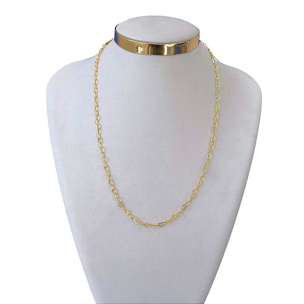 Colar Longo Folheado Ouro 18k Elos Corações