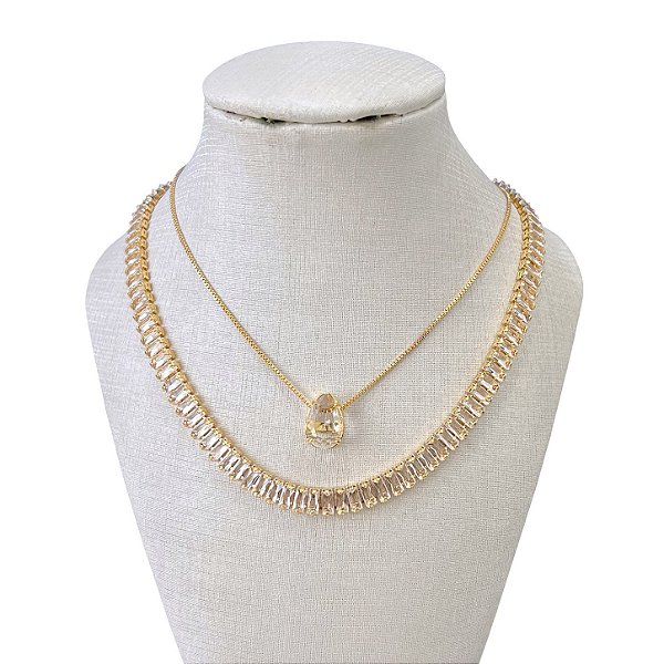 Colar Duplo Folheada Ouro 18k Gota Cristal Riviera