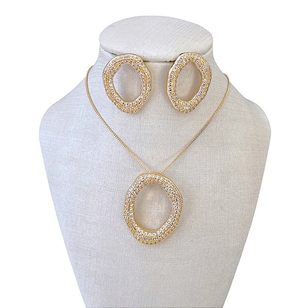 Conjunto Folheado Ouro 18k e Prata 925 Orgânico Cravejado