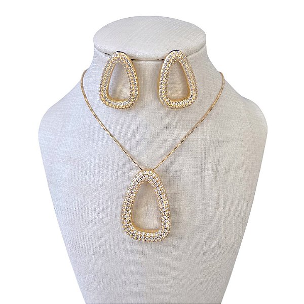 Conjunto Folheado Ouro 18k e Prata 925 Orgânico Cravejado